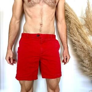 MENS H&M Bright Red Flat Front Casual Classic Preppy Prep Chino Shorts 34